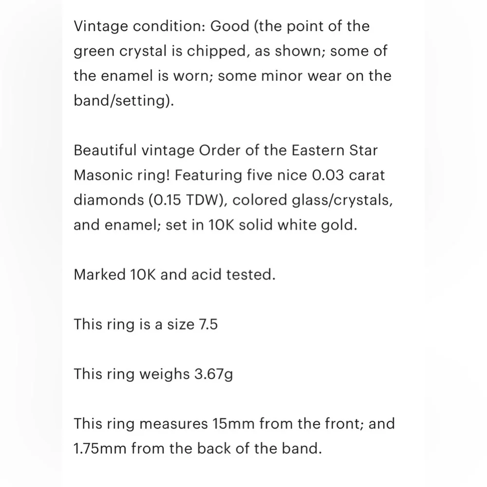 Vintage 10K White Gold Diamond Order of the Eastern Star Masonic Ring (Size 7.5) - Picture 10 of 10